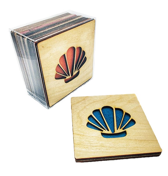 4 Sea shell Coasters wooden laser cut natural eco-friendly Waterproof plywood birch and Felt