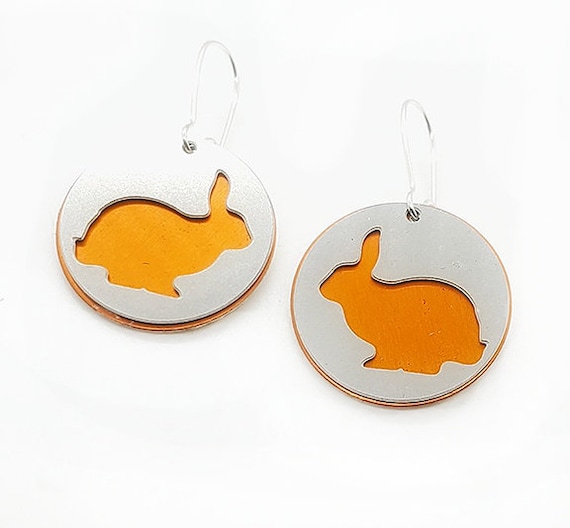 Reversible Bunny Rabbit Earrings with Anodized Aluminum and Plywood