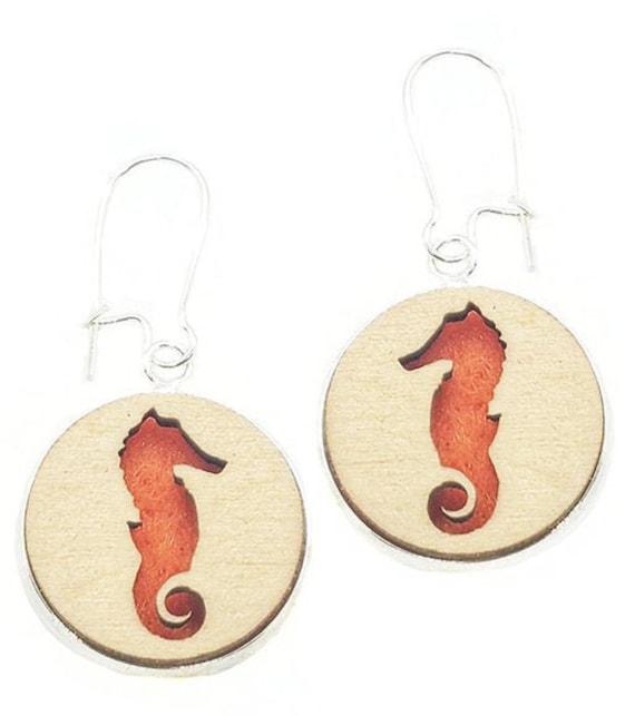 Seahorse Earrings from cut Plywood and felt set in Stainless Steel  and hung from silver