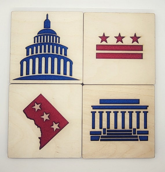 Set of 4= 1 DC flag, 1 DISTRICT, 1 Capitol and 1 Lincoln memorial Coasters of laser cut Waterproof birch plywood, cork and feltirch and Felt