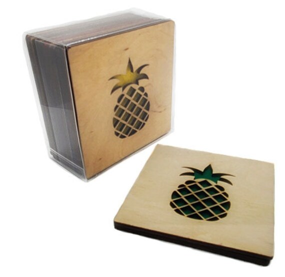 4 Pineapple Coasters wooden laser cut natural eco-friendly Waterproof plywood birch and Felt