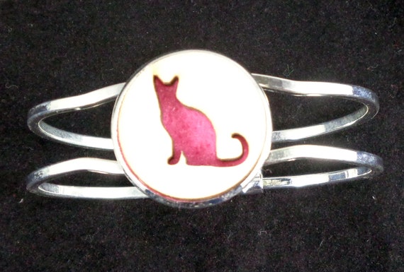 Kitty Cat Cuff Bracelet from cut Plywood and Felt set into Hinged Stainless Steel setting