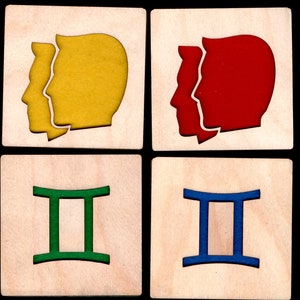 4 Géminis zodiac astrological Coasters corte láser madera natural eco-friendly abedul de madera contrachapada impermeable y fieltro
