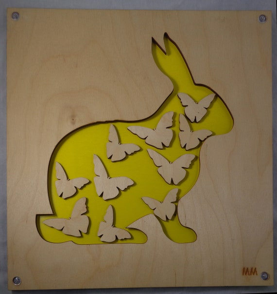 Bunny with Butterflies Plywood and Recycled Aluminum in orange