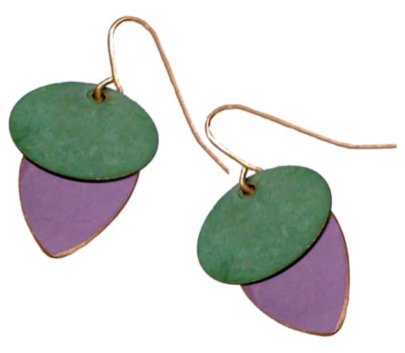 Brass Patina Earrings in Mustard and Purple