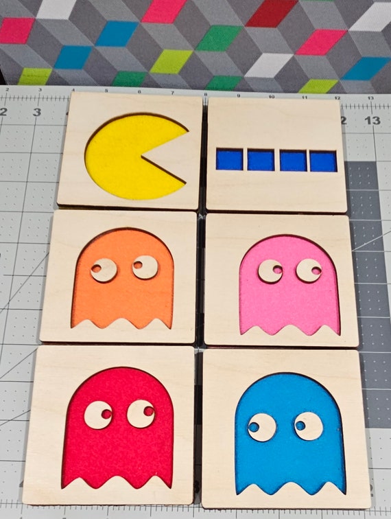 6 Pac Man Coasters laser cut natural eco-friendly Waterproof plywood birch and Felt