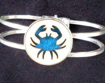 Crab Cuff Bracelet from cut Plywood and Felt set into Hinged Stainless Steel setting