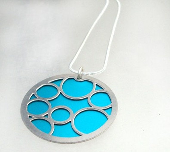 Round Pendant with Large Aqua Bubbles on the front and Black on the back