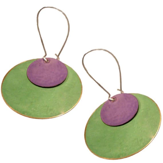 Brass Patina Round Earrings in Purple and Lime