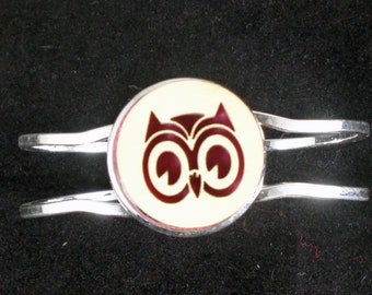 Owl Cuff Bracelet from cut Plywood and Felt set into Hinged Stainless Steel setting