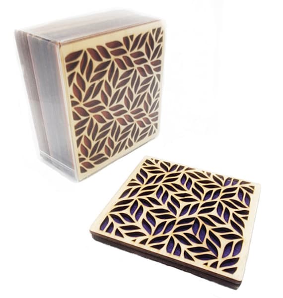 4 tiny Leaf Coasters wooden laser cut natural eco-friendly Waterproof plywood birch and Felt