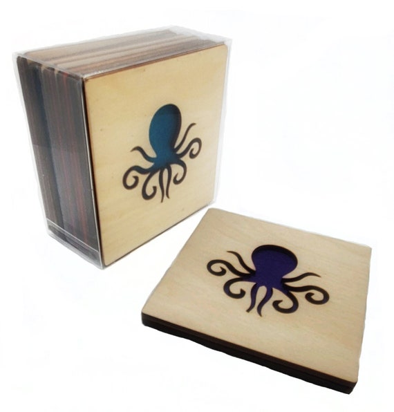 4 Octopus Coasters wooden laser cut natural eco-friendly Waterproof plywood birch and Felt