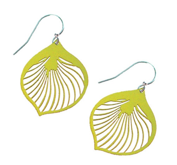 Enameled Ginkgo Leaf Earrings in Lime Green