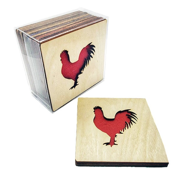 4 Rooster Coasters wooden laser cut natural eco-friendly Waterproof plywood birch and Felt