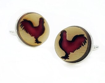 Rooster cuff links of stainless Steel, Plywood and Felt for Father's Day Gift, 5th anniversary gift, Groomsmen gift, Wedding cuff links