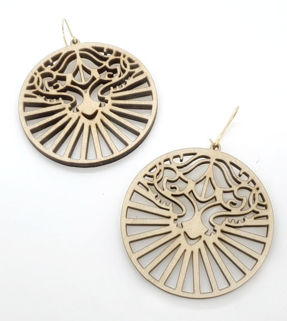 Wood Filigree Modern Deco/round Earrings