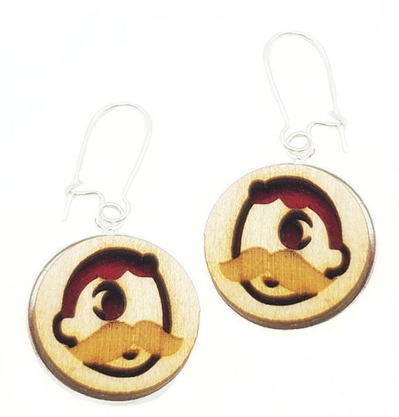 Natty Boh Earrings from cut Plywood and Felt set in Stainless Steel and hung from silver