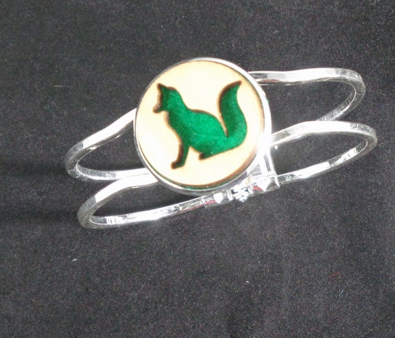 Fox Cuff Bracelet from cut Plywood and Felt set into Hinged Stainless Steel setting