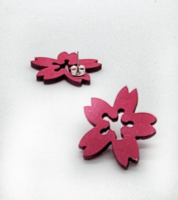 DC Cherry Blossom large Post Earrings from cut Plywood with Silver Post And Earring Backs