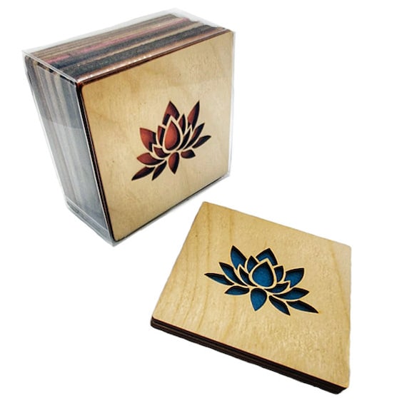 4 Lotus Coasters wooden laser cut natural eco-friendly Waterproof plywood birch and Felt