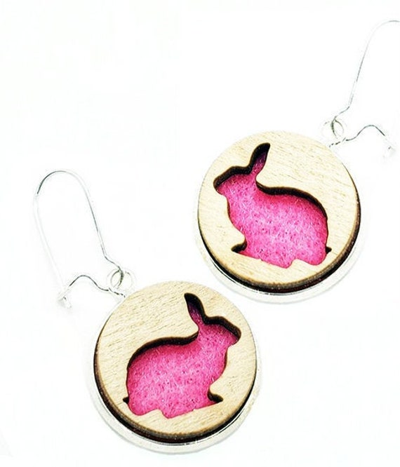 Bunny Earrings from cut Plywood and felt set in Stainless Steel  and hung from silver