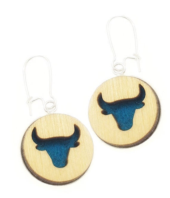 Taurus Bull Earrings from cut Plywood and Felt set in Stainless Steel and hung from silver