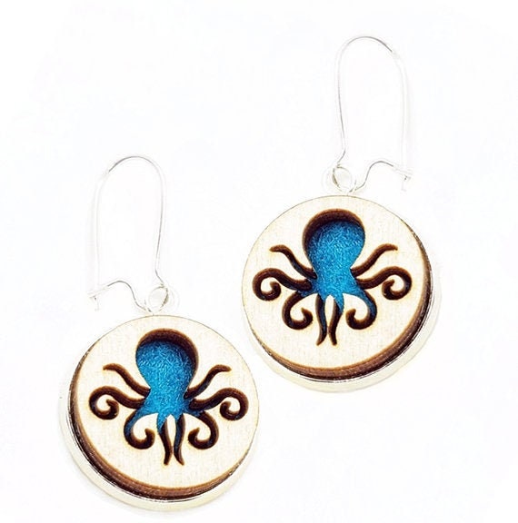 Octopus Earrings from cut Plywood and Felt set in Stainless Steel and hung from silver