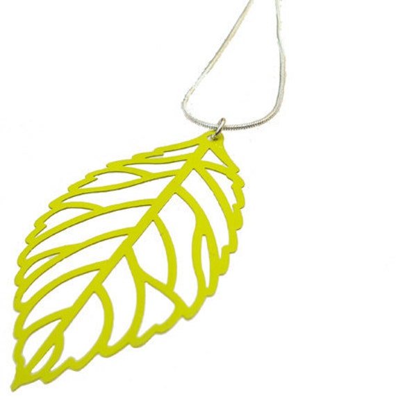 Enameled Filigree Leaf Pendant in Lime Green