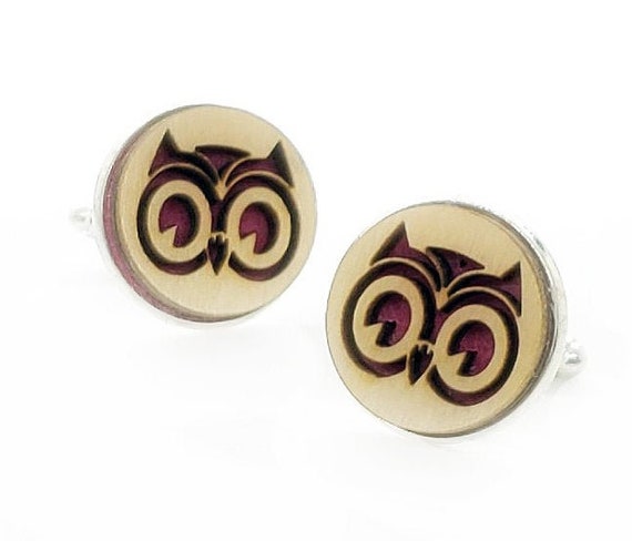 Owl cuff links of stainless Steel, Plywood and Felt for Father's Day Gift, 5th anniversary gift, Groomsmen gift, Wedding cuff links