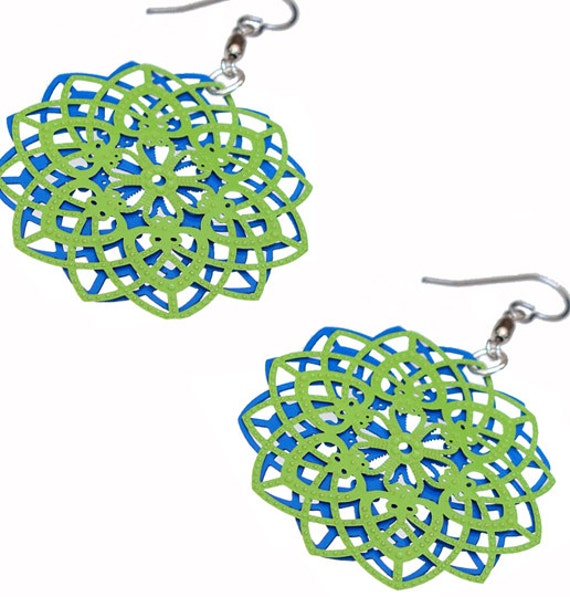 Spirograph Stainless Steel Earrings in Apple Green/Blue