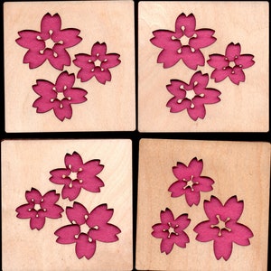 4 posavasos de cerezo en flor de color rosa cortados con láser de madera natural, ecológicos, resistentes al agua, de madera contrachapada de abedul y fieltro