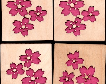 4 Cherry Blossom pink Coasters laser cut wood natural eco-friendly Waterproof plywood birch and Felt