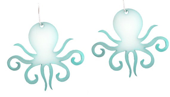 Enameled and Acrylic Octopus Earrings in Teal