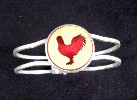 Rooster Cuff Bracelet from cut Plywood and Felt set into Hinged Stainless Steel setting