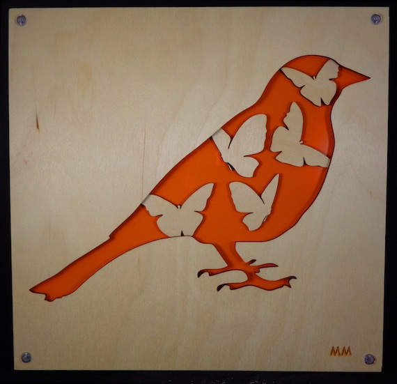 Bird with Butterflies Plywood and Recycled Aluminum in orange