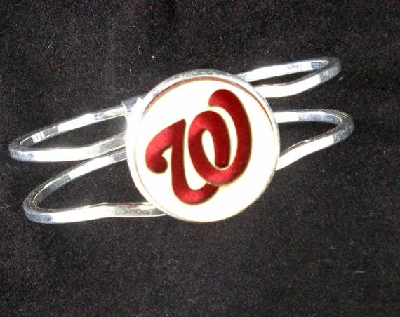 Nats baseball Cuff Bracelet from cut Plywood and Felt set into Hinged Stainless Steel setting