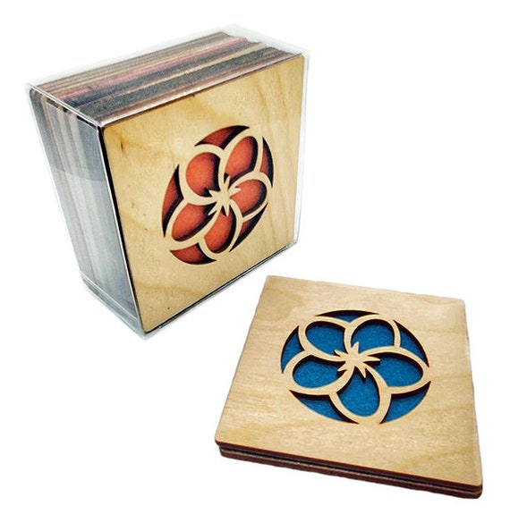 4 Flower Coasters wooden laser cut natural eco-friendly Waterproof plywood birch and Felt