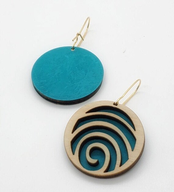 Brass Patina and Plywood Swirl Round Earrings in Teal