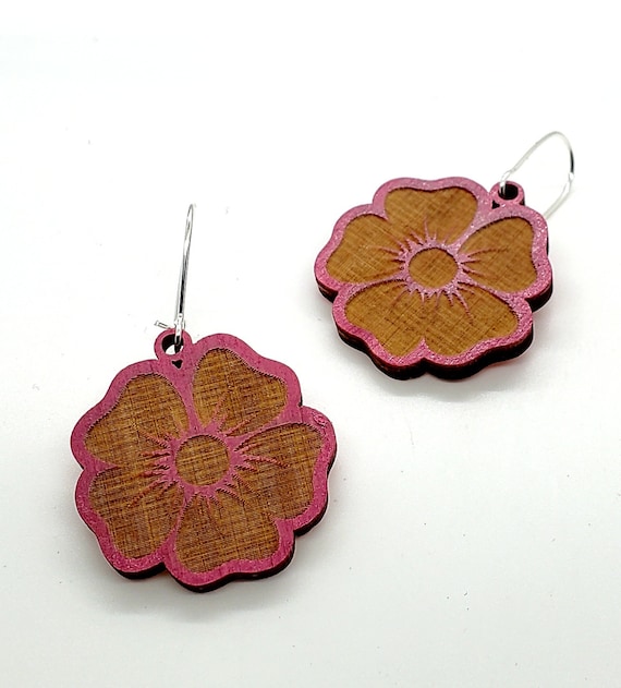 DC Cherry Blossom Earrings from cut Plywood with Silver ear wires