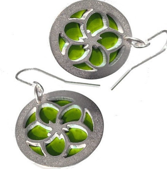 Silver/Lime earrings of Reversible Flowers with lime front and green back