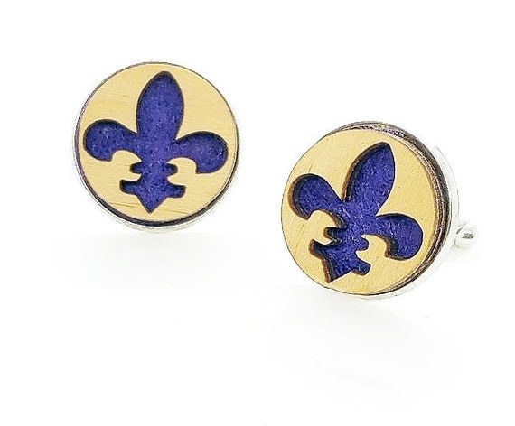 Fleur-de-lis cuff links of stainless Steel, Plywood and Felt for Father's Day Gift, 5th anniversary gift, Groomsmen gift, Wedding cuff links