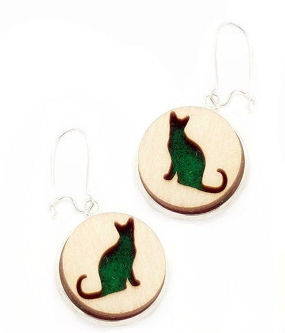 Cat Earrings from cut Plywood and Felt set in Stainless Steel and hung from silver