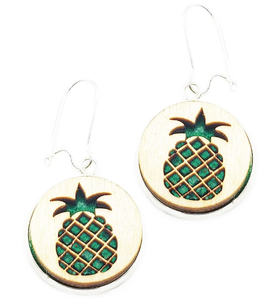 Pineapple Earrings from cut Plywood and felt set in Stainless Steel  and hung from silver