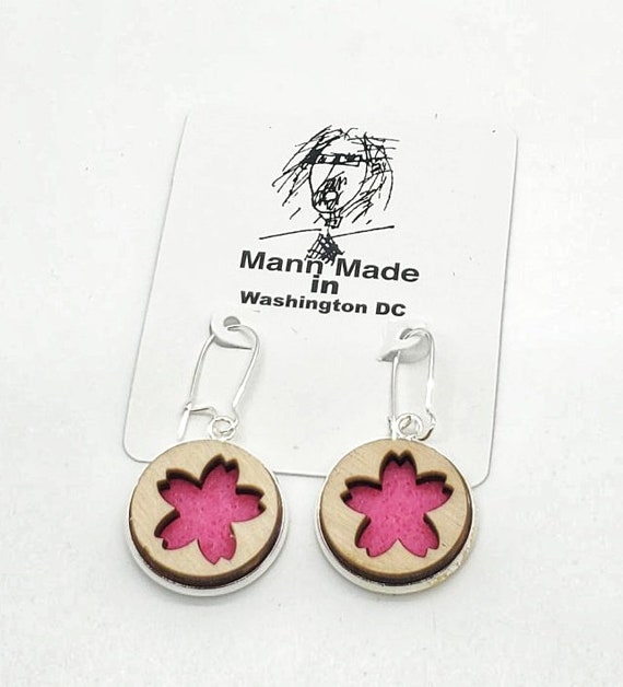 DC Cherry Blossom Earrings from cut Plywood and felt set in Stainless Steel  and hung from silver