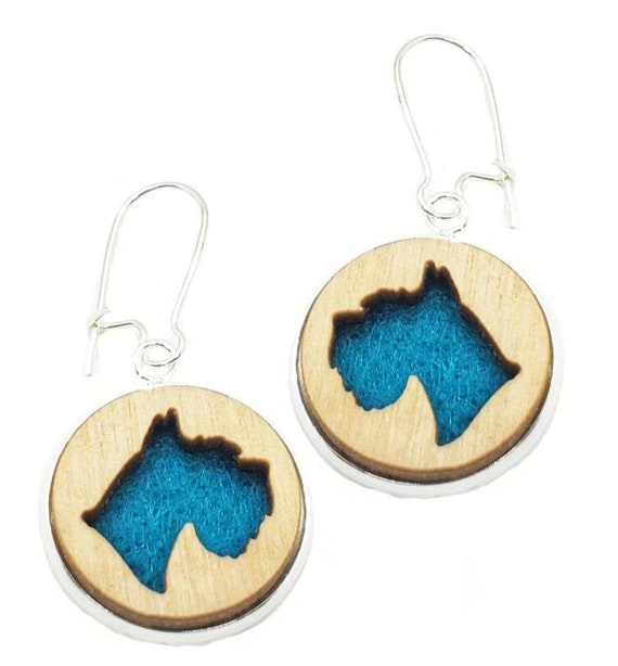 Schnauzer Earrings from cut Plywood and felt set in Stainless Steel  and hung from silver