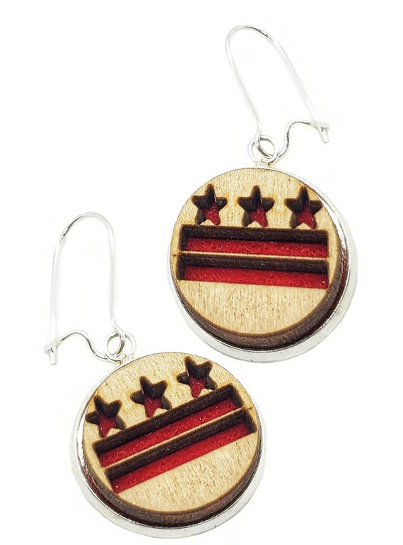 DC Earrings from cut Plywood and Felt set in Stainless Steel and hung from silver
