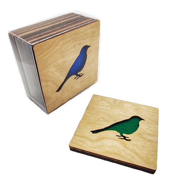 4 Bird Coasters wooden laser cut natural eco-friendly Waterproof plywood birch and Felt