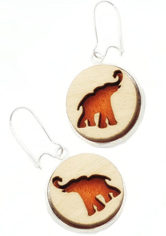 Elephant Earrings from cut Plywood and felt set in Stainless Steel  and hung from silver