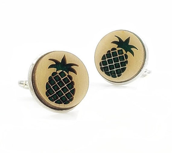 Pineapple cuff links of stainless Steel, Plywood and Felt for Father's Day Gift, 5th anniversary gift, Groomsmen gift, Wedding cuff links