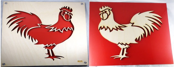 Set of RED ROOSTERS No Waste Design Plywood and Recycled Aluminum
